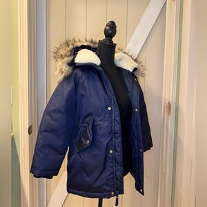 J. Crew Kids Dark Blue Winter Parka with Hood and Removable Faux Fur Trim Size 8